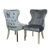 Set of 2 Chelsea Dining Chairs ALL Grey Shimmer with Lion Knocker & Buttoned Back